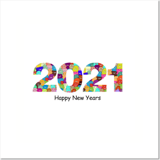 Happy New Year 2021 with doodles patern Posters and Art